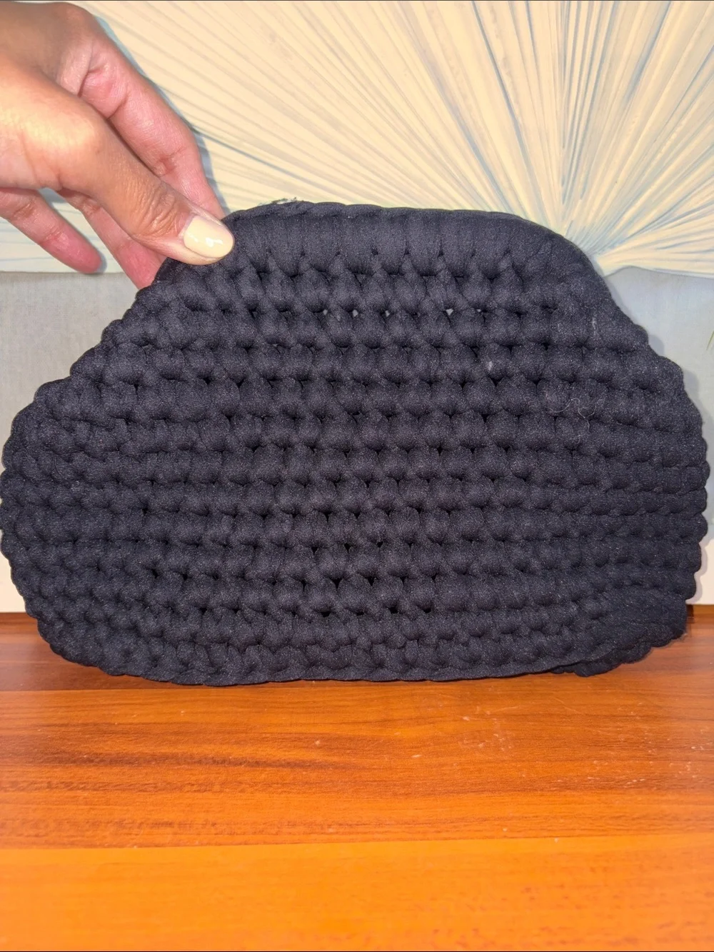 Handmade Black Crochet Clutch with Faux Pearl Handle